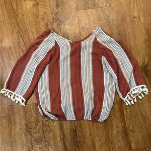 Lavender Field Women’s Small S Striped Blouse Cinched at Waist Fringe on Sleeves